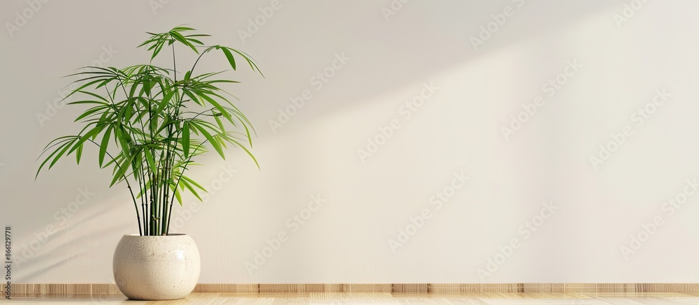 Aufkleber bamboo plant in pot on table with copy space image against light wall in room.