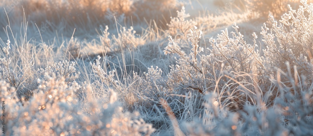 Poster an early morning scene featuring frost-covered dry bushes and grass in the countryside with plenty o