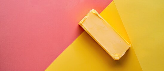 Butter placed in a box on a colored surface with plenty of empty space for additional content in the image.