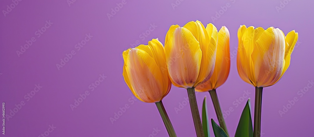 Poster close-up of yellow tulips against a purple background with copy space image.