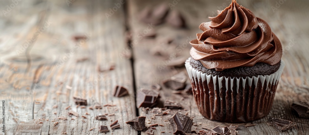 Poster delicious chocolate cupcake on rustic white wood with chocolate cream on top, ideal for adding a tex