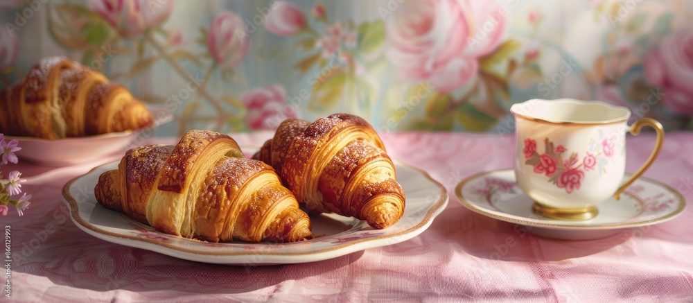 Aufkleber Breakfast table adorned with fresh French croissants, presented in the image with ample copy space for text.