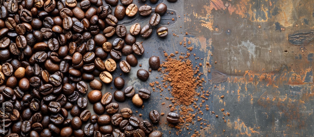 Aufkleber Coffee beans arranged in a rustic pile with various shades and textures, creating an inviting scene with a copy space image.
