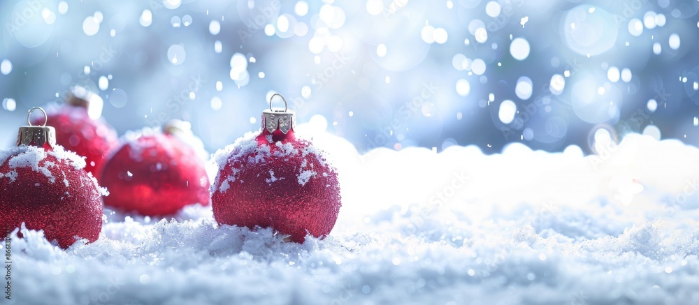 Poster Close-up of Christmas balls on snow creating a festive background with ample copy space image.
