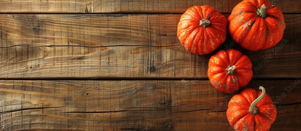 Poster Cut ripe pumpkins placed on a wooden table with space for text or graphics. image with copy space
