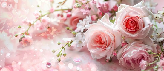 Best wishes for Women's Day, weddings, or Valentine's on a romantic floral card with pink roses and a spring or summer flower backdrop with copy space image.