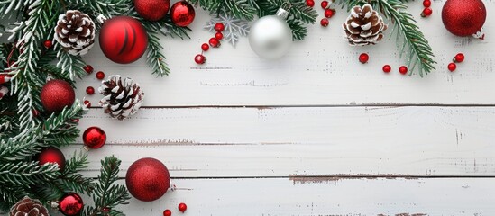 Christmas holiday art composition with festive decorations on a white wooden background, including a Christmas tree, creating a charming scene with room for your text in the image