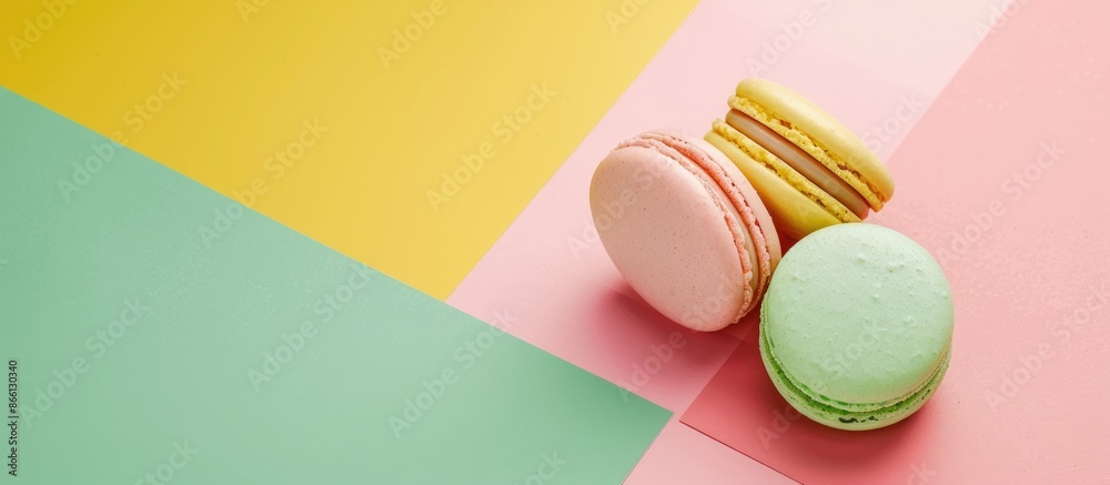 Poster angle view of colourful macaroons on a green, yellow, and pink background with a blank space in the 