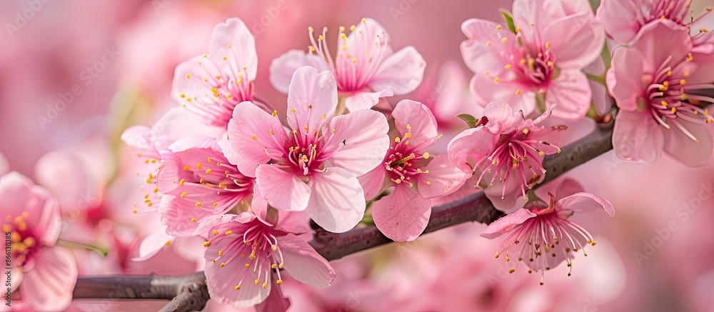 Poster close-up of cherry blossoms on a branch, with copy space image available.