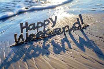 Happy weekend written on sand at the beach with ocean waves behind. Concept image for relaxation and free time. Perfect for inspirational posts or motivational quotes. Generative AI