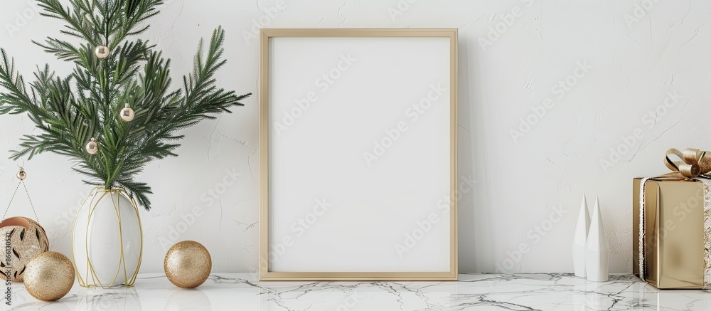 Poster Festive indoor setting featuring a mockup frame surrounded by Christmas tree branches in a vase and golden ornaments against a white wall and marble table backdrop. Ample copy space image available.