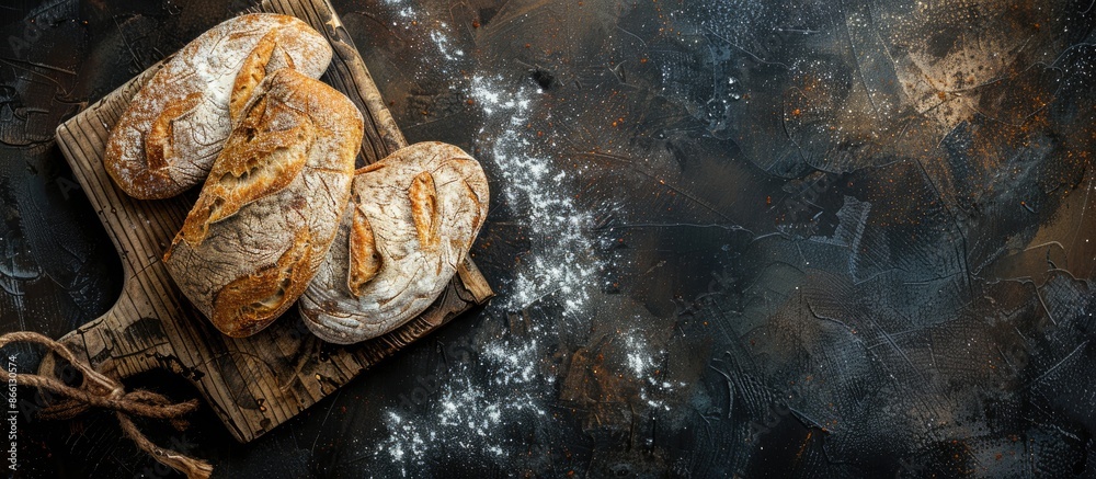 Poster Flat lay arrangement of rustic bread on a dark background with a handmade cutting board, featuring copy space image.