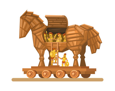 Trojan Horse Army. Geek Historical War Strategy Cartoon Illustration Vector