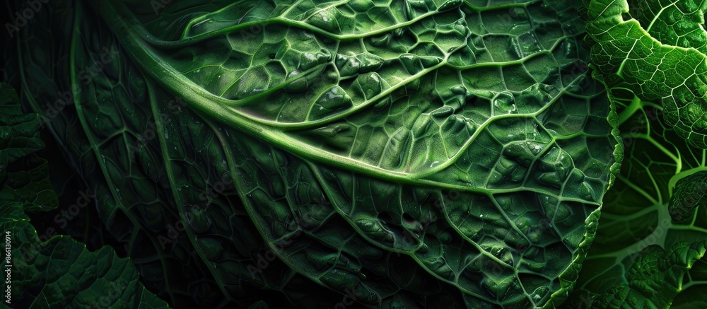 Poster close-up shot of a crinkled green savoy cabbage leaf, ideal as a food background with selected focus