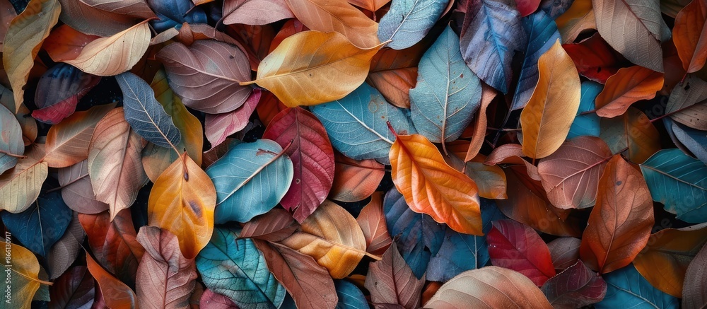 Aufkleber Autumn concept displayed with a variety of colorful, dry jackfruit tree leaves in a top view flat lay shot, depicting a changed environment with copy space image.
