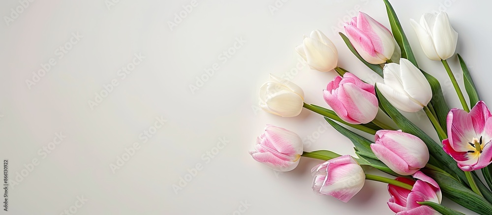 Poster close-up of a fresh bouquet showing pink and white tulips on a white backdrop with copy space image 