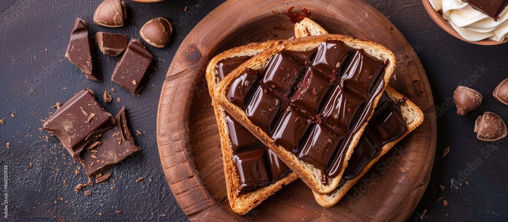 Poster Delicious Nutella toast with chocolate sauce and cream in a wooden dish on table background with copy space image.