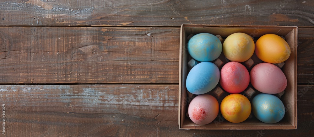 Aufkleber Easter eggs displayed in a box on a wooden surface, perfect for featuring text or images. image with copy space