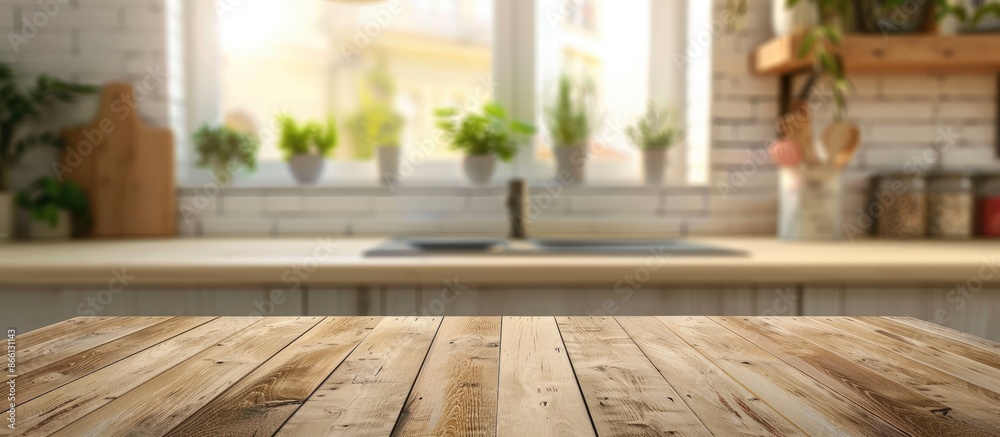 Poster blurry kitchen background with a table top, perfect for a copy space image.