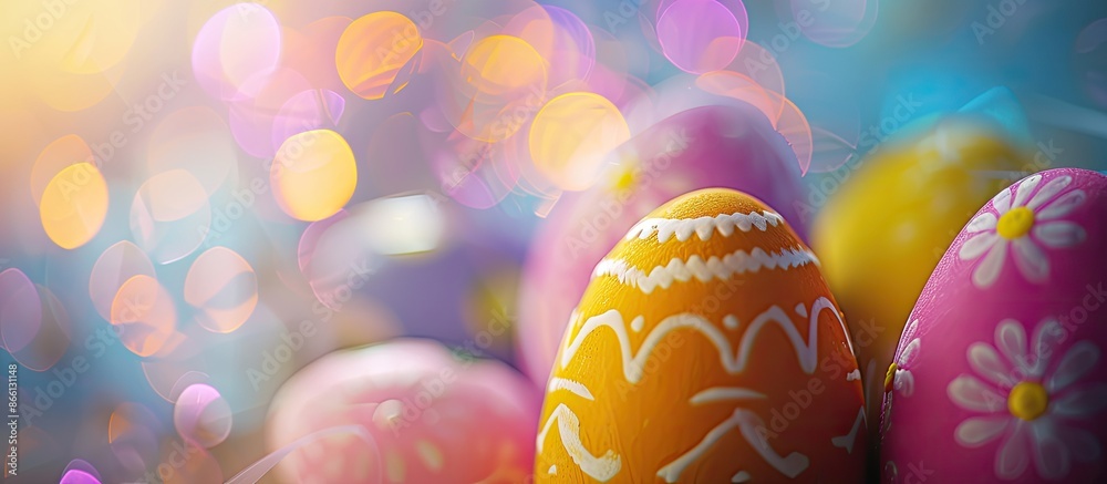 Poster Easter eggs on a Happy Easter greeting card with a soft focus and bokeh effect, captured from a top view to display a copy space image.