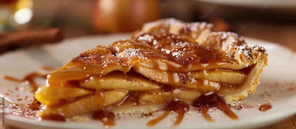Aufkleber Closeup copy space image of a slice of apple pie drizzled with caramel sauce and sprinkled with cinnamon.