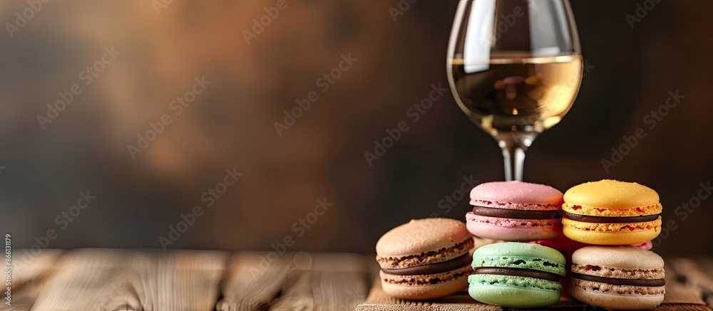 Poster Colorful macaroons from a French bakery displayed on a wooden table with a wine glass, creating a relaxing morning scene with copy space image.