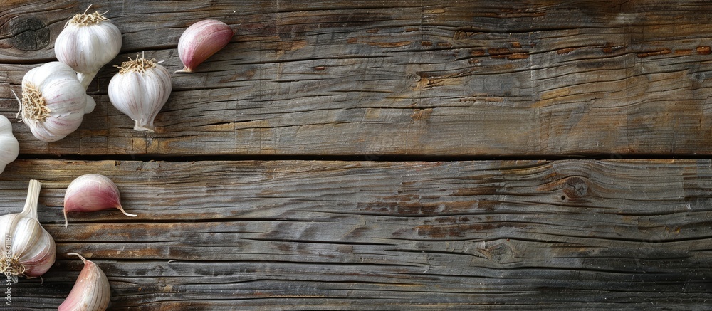 Poster close-up of fresh garlic cloves on a wooden backdrop with copy space image.