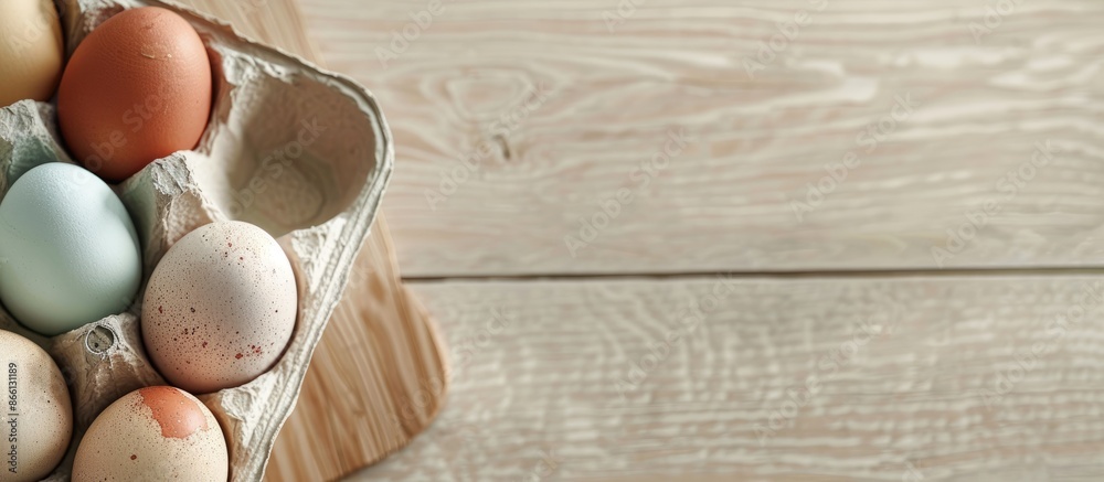 Poster Easter eggs displayed in a carton on a light wooden surface with room for text. Copy space image.