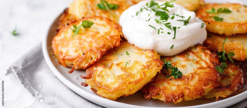Poster close-up image of belarusian potato pancakes on a white plate with white sour cream and green herbs,