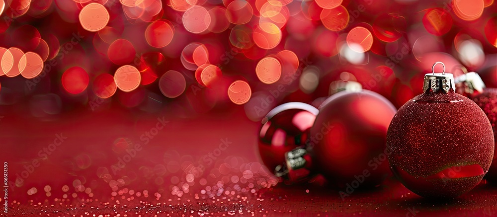 Poster christmas baubles in red, decorating a shiny red backdrop with ample copy space image.