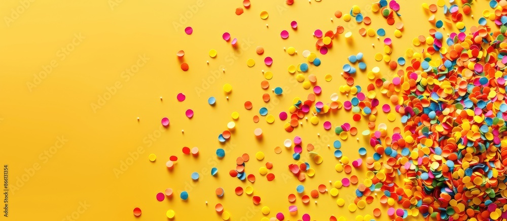 Poster colorful confetti on a yellow surface creates a festive flat lay scene with copy space image.