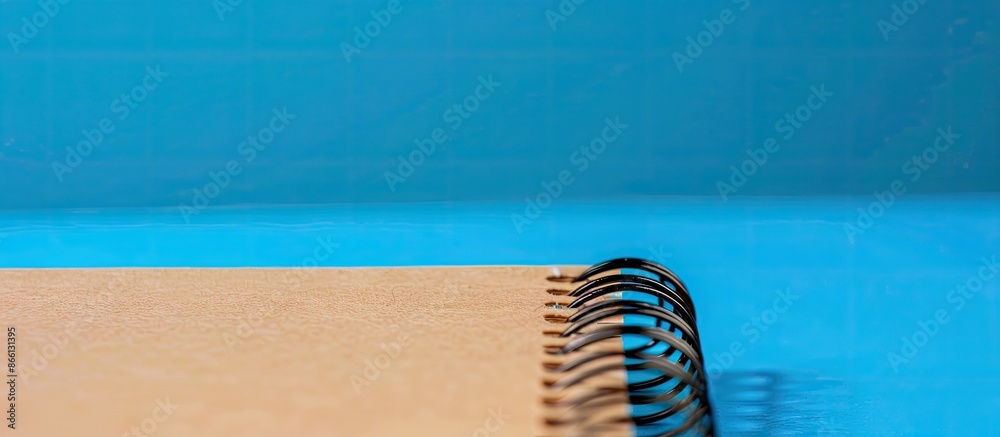 Poster Close-up of a spiral-bound notebook with brown blank pages against a blue backdrop, with copy space image.