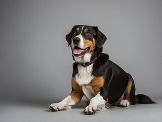 The image depicts a close-up of a black and brown dog sitting on a gray background. The dog has a alert expression with its ears perked up and mouth slightly open.  