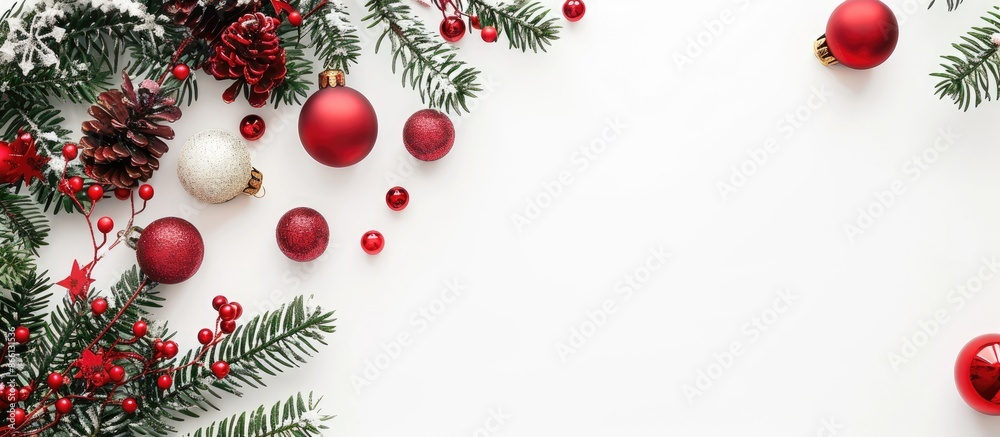 Poster christmas-themed composition with festive decorations on a white backdrop with copy space image.