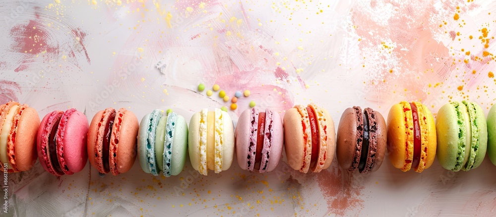 Poster Colorful macaroons displayed against a pale backdrop provide an appealing copy space image.