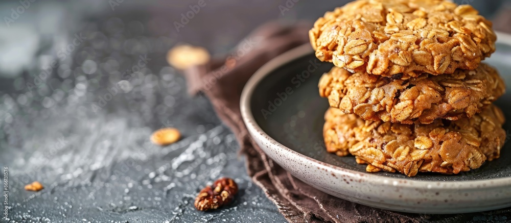 Aufkleber close-up of tasty cereal cookies on a plate with a copy space image available.