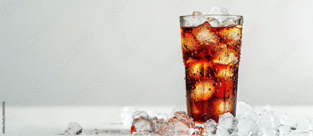 Poster close up of a glass of cola with ice, isolated on a white background, perfect for a copy space image
