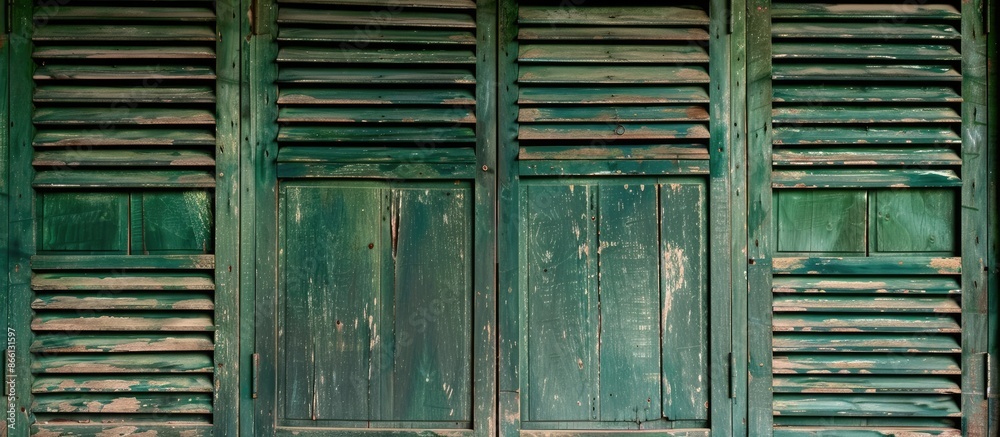 Aufkleber background featuring a dark green wooden window shutter with copy space image.