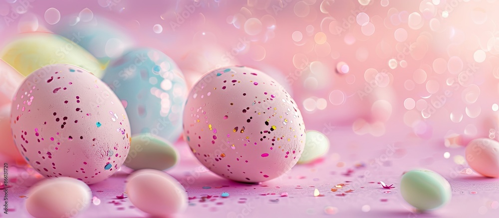 Poster Colorful Easter eggs displayed on a pink background with a designated area for additional content, creating the perfect Easter-themed image with soft focus.