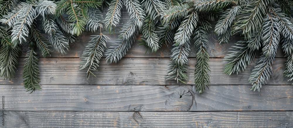 Poster Festive fir branches adorned on a rustic grey wooden backdrop with copy space image.
