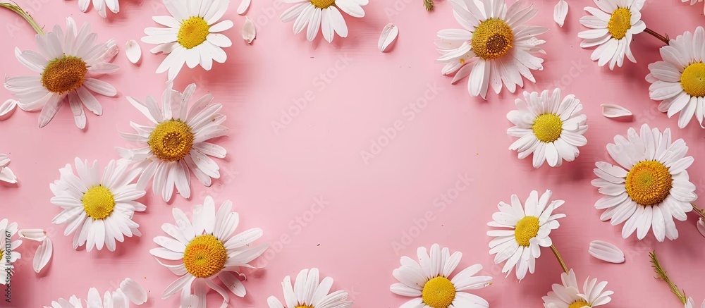 Poster chamomile flowers in a circular frame on a pink backdrop with white daisies and yellow centers, idea