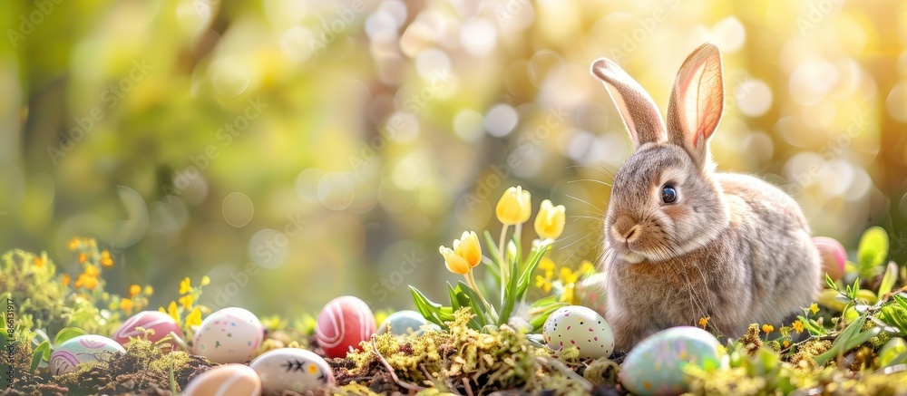 Poster Easter holiday concept featuring colorful Easter eggs and an Easter bunny rabbit in a cheerful setting with copy space image.