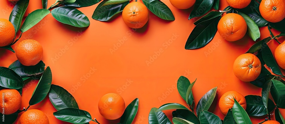 Poster Flat lay of fresh ripe tangerines with green leaves on an orange background, creating a frame with copy space image.