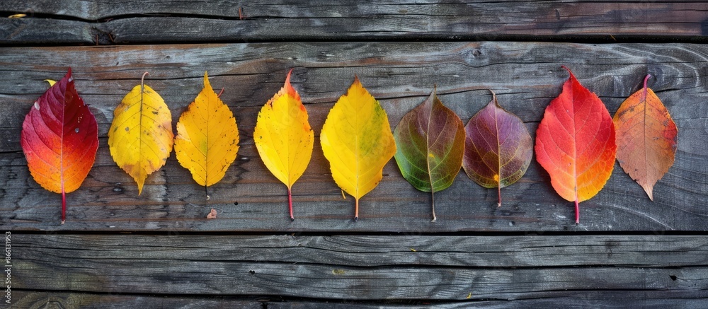 Poster Close-up of autumn leaves arranged in a row on a wooden surface with a background that offers space for additional images to be placed.