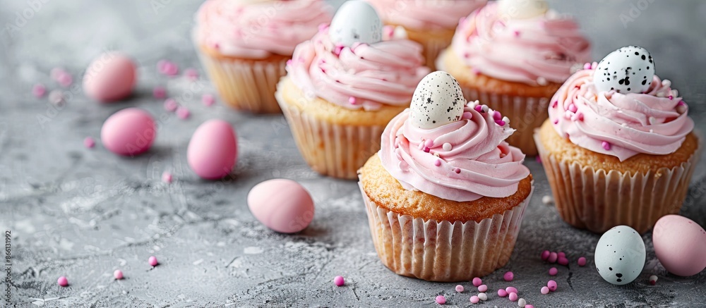 Poster delicious easter cupcakes displayed on a neutral grey backdrop with copy space image.