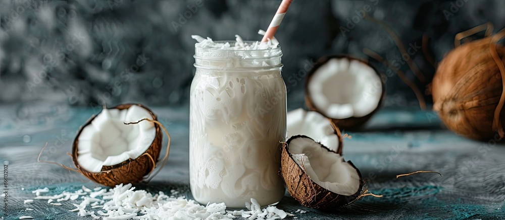 Poster dairy-free alternative made from coconuts. image with copy space