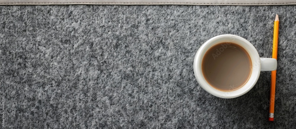 Poster bird's-eye view of a white coffee mug and pencil on a gray felt desk pad with a clear space for imag