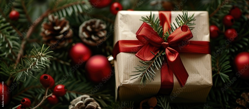 Poster christmas present adorned with ribbon and space for adding text or images. image with copy space