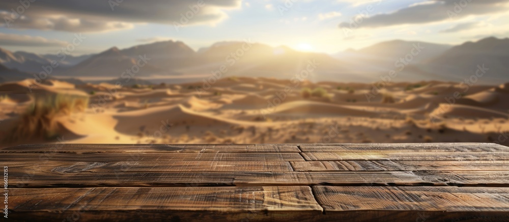 Poster Blur desert background accompanies wooden table top. Enjoy cold drinks like juice and water in hot weather for a refreshing experience. Ideal for product displays with a view of copy space image.