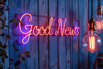 Good news neon yellow pink sign glowing on light blue wall background - marketing business announcement